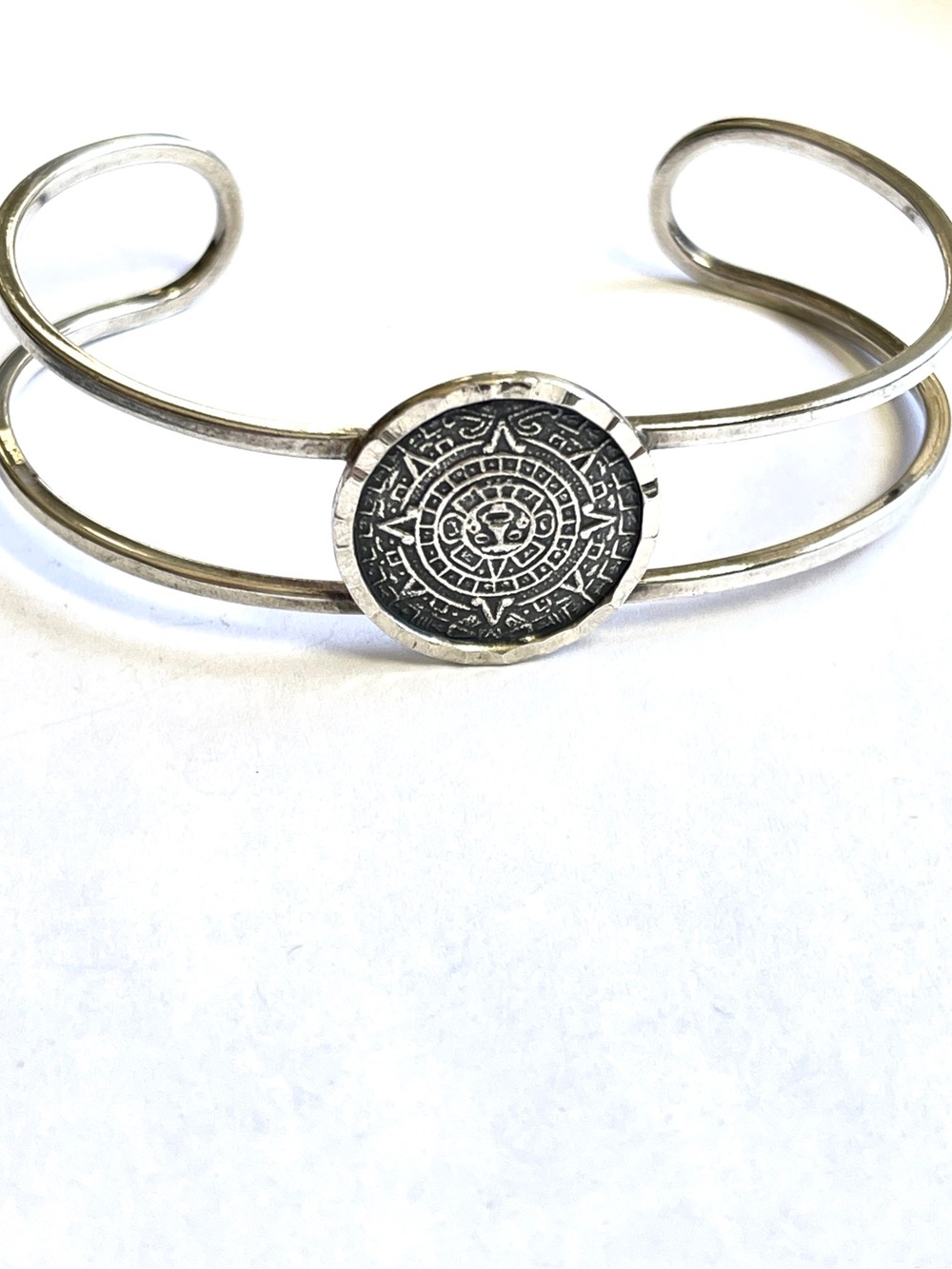 Vintage Taxco 950 Sterling Silver Aztec Medallion Cuff Bracelet